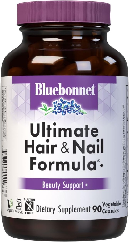 BlueBonnet Nutrition Formule ultime pour cheveux et ongles, vitamines, minéraux, nutriments spéciaux pour la beauté à l'intérieur, sans gluten, sans cacher, sans lait, végétalien, 90 capsules végétales, 30 portions, blanc