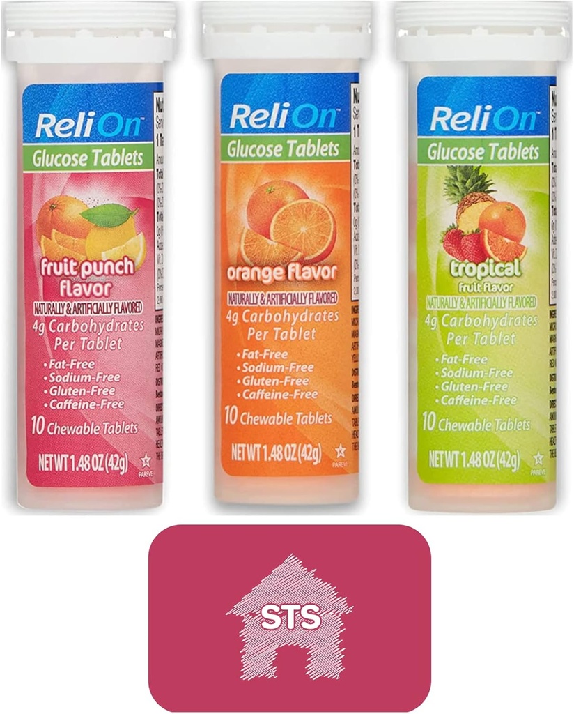 Comprimés de Glucose Relion (Mix Flavors) Punch orange, tropical et fruit - Total 30 comprimés + Sticker STS.