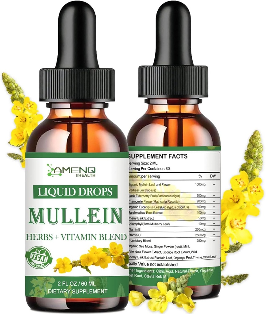 Mullein gouttes pour les poumons, puissant nettoyage pulmonaire détox pour fumeur, Mullein biologique et gouttes de chlorophylle pour les poumons, Mullein Leaf Extract pour le poumon et Bronchia, Santé respiratoire, Imune Boost 2 FL/OZ