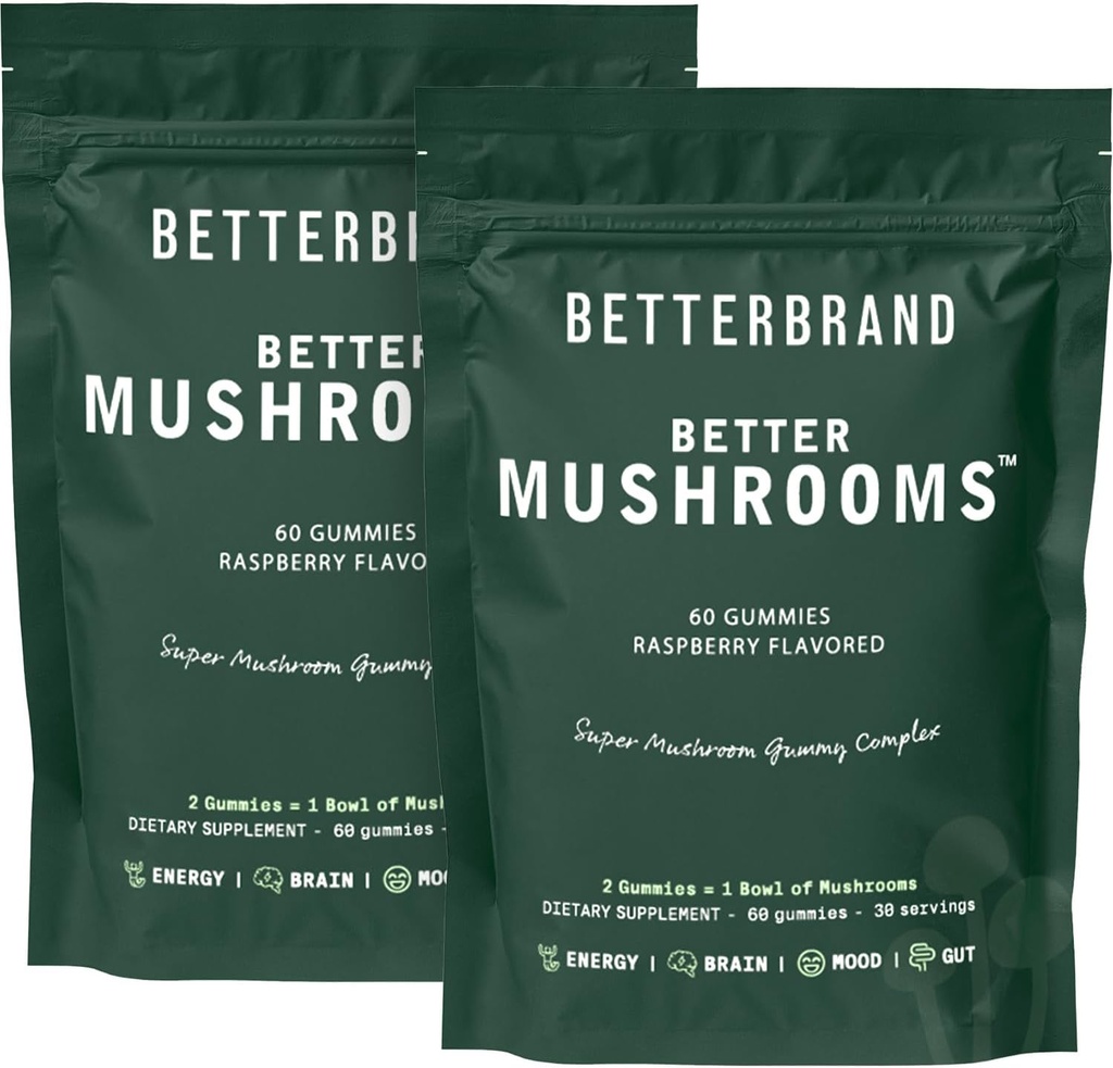 Betterbrand BetterMushrooms Nootropic Gummies - Soutient une meilleure santé, une meilleure fonction cognitive, une clarté mentale avec 10 champignons fonctionnels - 60 Gummies - Raspberry Flavor - Pack de 2