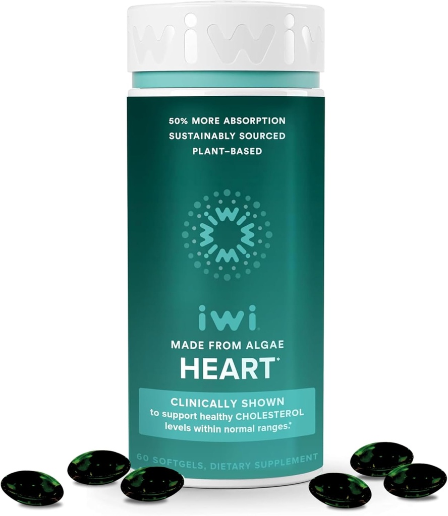 Iwi Life Heart Omega-3, 60 Softgels (30 portions), Algae Omega Acides gras à base végétale + EPA, Supplément alimentaire de soutien à la santé cardiaque, Krill & Huile de poisson Alternative, Pas d'arrière-goût de poisson