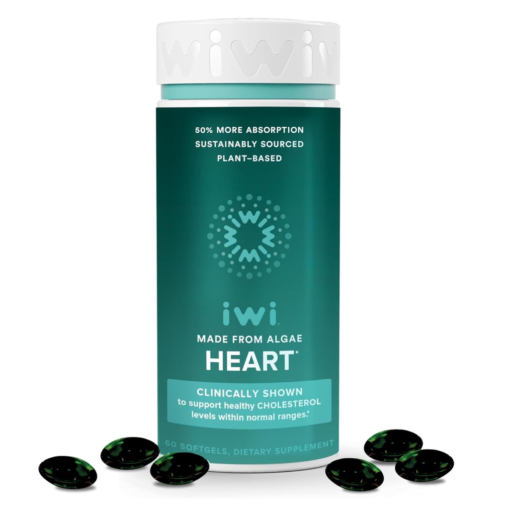 Iwi Life Heart Omega-3, 60 Softgels (30 portions), Algae Omega Acides gras à base végétale + EPA, Supplément alimentaire de soutien à la santé cardiaque, Krill & Huile de poisson Alternative, Pas d'arrière-goût de poisson