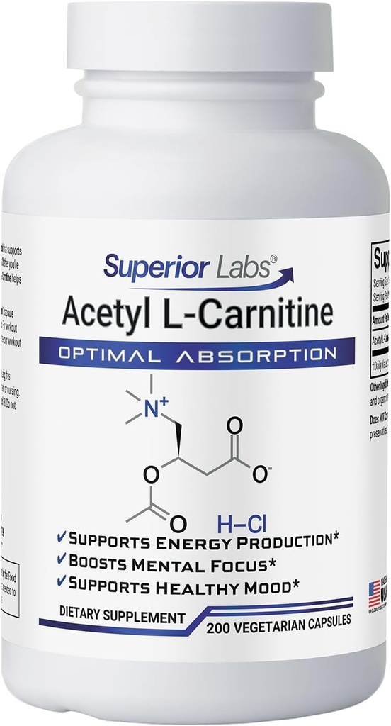 Superior Labs Acetyl L-Carnitine 500 mg, High Potency ALCAR, Pure Non-GMO, Zero Synthetic Additives, Maximum Absorption, Energy & Fat Metabolism, Brain, Nerve & Cellular Detox Support, (200 Veg Caps)