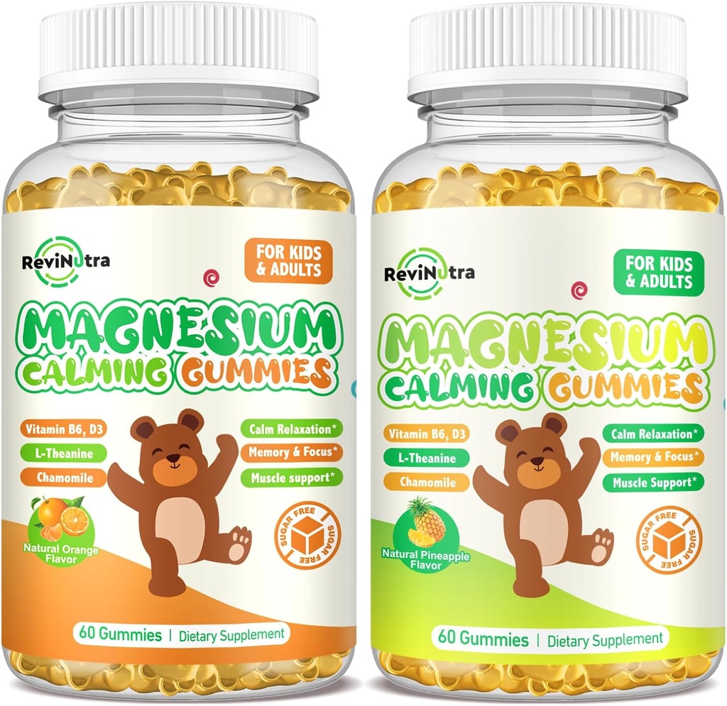 Gommies de magnésium pour enfants - Supplément de magnésium glyciné avec L-Theanine, vitamine B6, D3 pour adultes et enfants, Magnésium calme pour le sommeil, relaxation, cerveau, os, orange et ananas