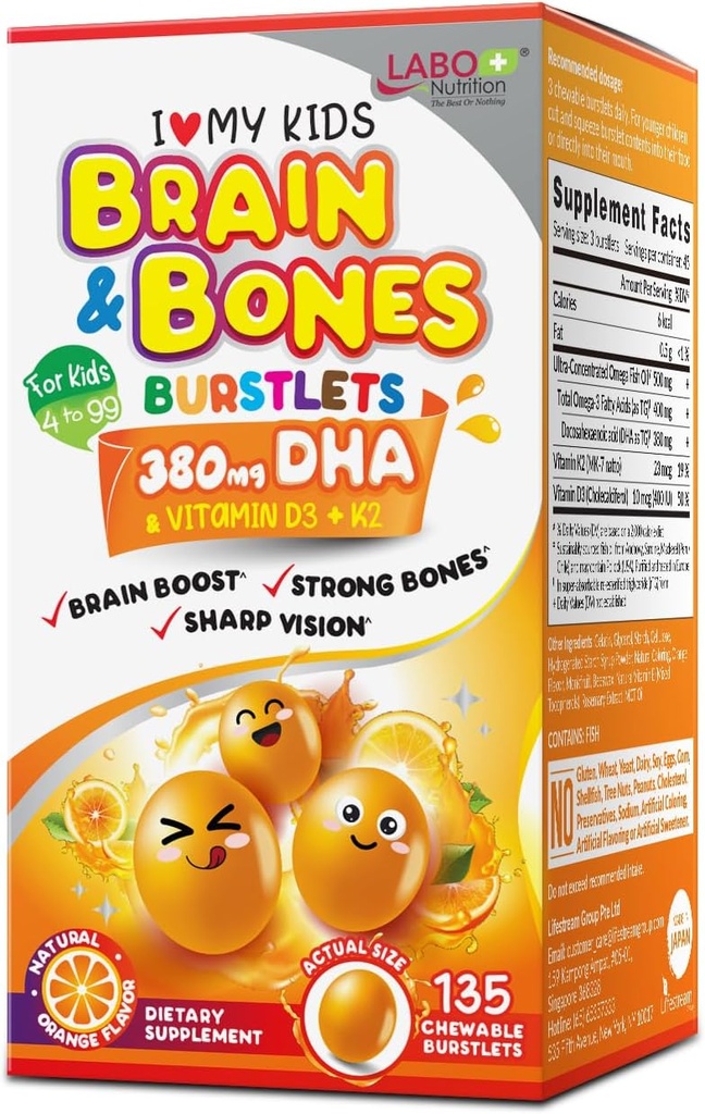 LABO Nutrition I Mes enfants Cerveau et os Burstlet à croquer, sans gluten, pour des os plus forts et une gestion comportementale, 76% Ultra-concentré rTG Forme Omega 3 DHA Huile de poisson, Vitamine D3 & K2, Orange