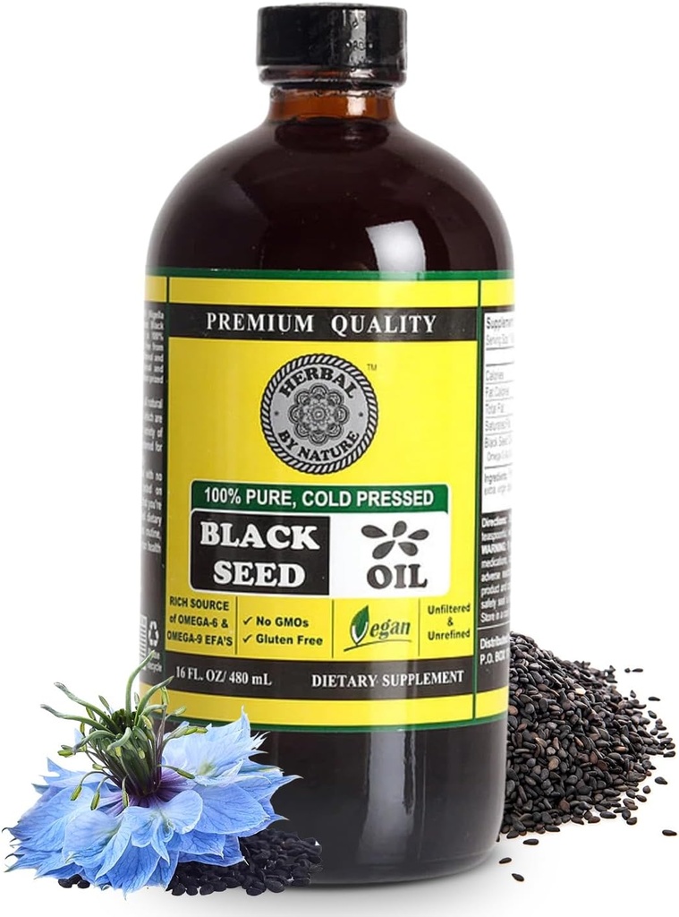 Huile de graines noires pures - 100% Nigella Sativa pure - pressée à froid - Vegan - Non OGM - 16 oz - en bouteille de verre - Herbal par nature