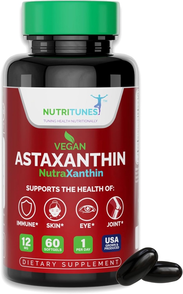 Astaxanthine 12mg Vegan Softgels – Antioxydant de haute puissance pour la peau, l'oeil et le soutien immunitaire – Non-OGM, sans gluten, soja, lactose et l'ESB, 60 Vegan Softgels, 2 mois d'approvisionnement
