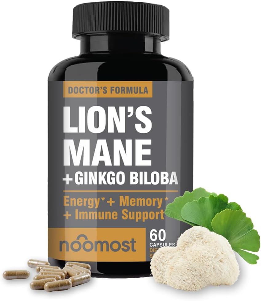 NooMost Lions Mane Supplément Capsules Organiques - avec Ginkgo Biloba - Cognitive Health, Focus & Memory Support - Superfood naturel pour le cerveau, l'énergie et la santé immunitaire - 60 Capsules - 2 mois d'approvisionnement