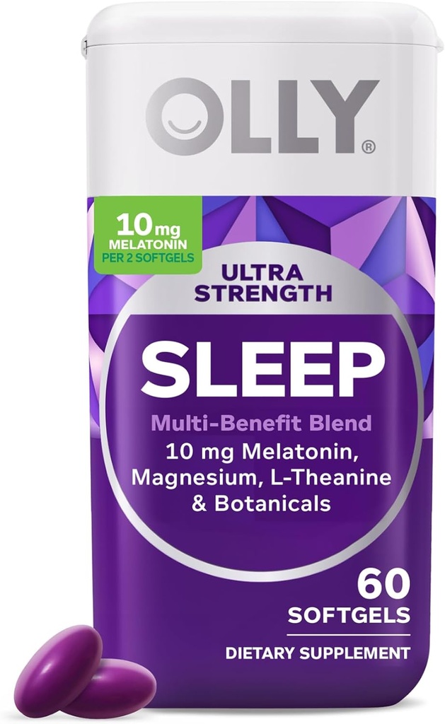 OLLY Ultra Strength Sleep Softgels, 10mg Melatonin, L-Theanine, Chamomile, Magnesium, Lemon Balm, Supports Deep Restful Sleep, Nighttime Sleep Aid, Non Habit-Forming - 60 Count