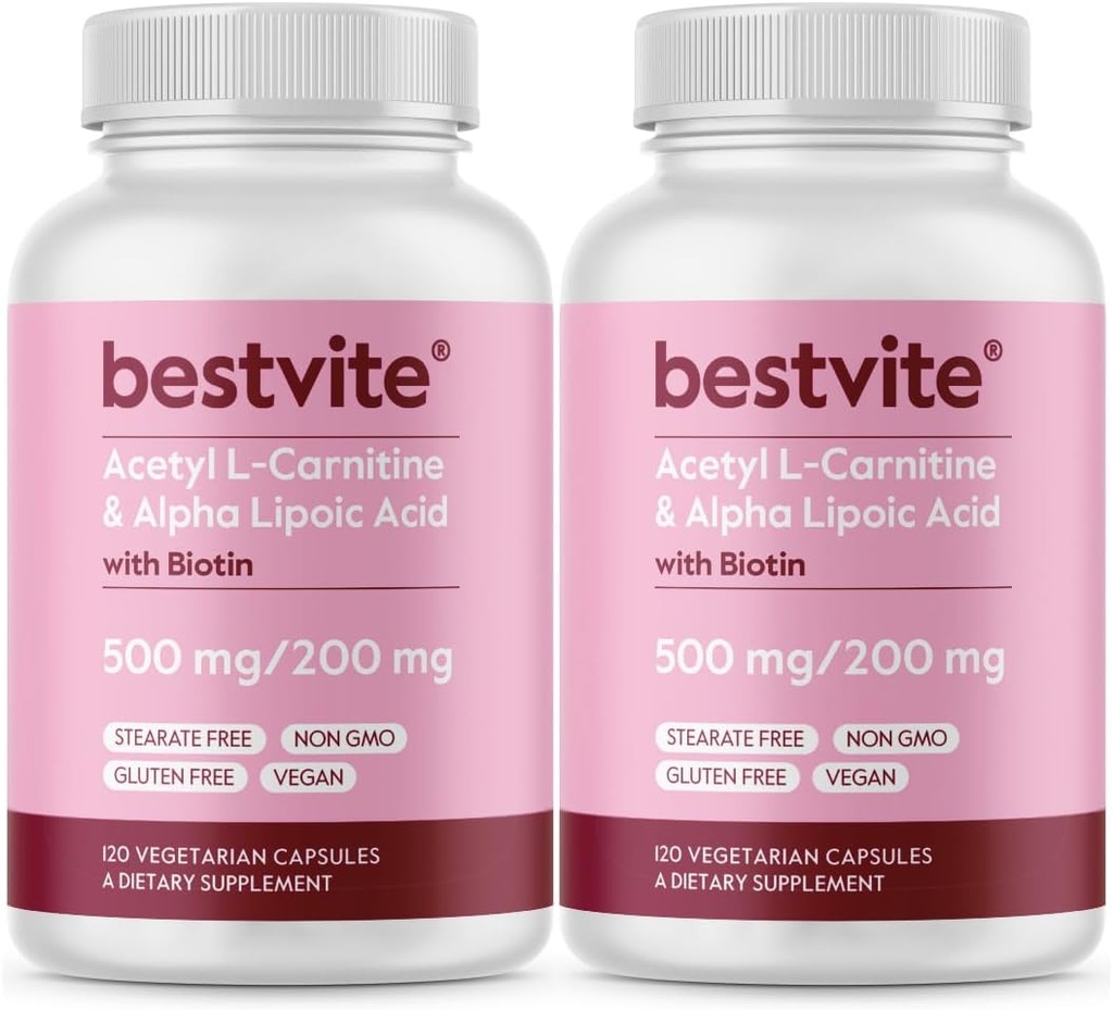 BESTVITE acétyl L-Carnitine 500mg et acide lipoïque alpha 200mg par gélule avec biotine (240 capsules végétariennes) (120 x 2) - Pas de stéarates - Vegan - Non OGM - Sans gluten