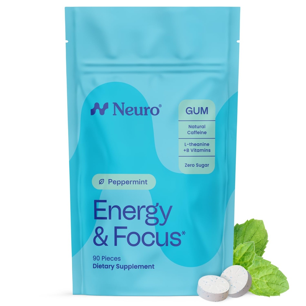 Neuro Energy & Focus Gum - 40mg Gum de caféine naturelle et supplément d'énergie nootropique avec L-Theanine et vitamines B - sans sucre, végétalien - menthe poivrée, 90ct