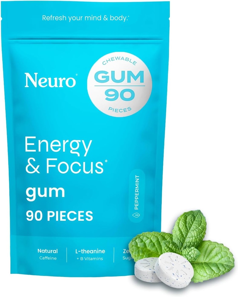 NeuroGum Énergie et focus Gum (90 Count Bag, menthe poivrée) $ 40mg Caféine naturelle + L-Theanine + Vitamine B12 & B6 + Xylitol $ Supplément sans sucre Nootropic Cognitive Performance Cerveau Supplément