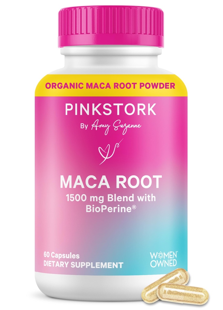 Pink Stork Capsules de racine Maca pour femmes – Maca biologique avec BioPerine® pour équilibre hormonal, énergie + bien-être – soutient la périménopause, la santé menstruelle et la vitalité