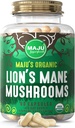 Maju Superfoods Lions organiques Mane Mushroom Capsules 90ct, Extrait de vapeur de corps fruitiers, Champignons biologiques avec extrait de poivre noir, Hericium Erinaceus