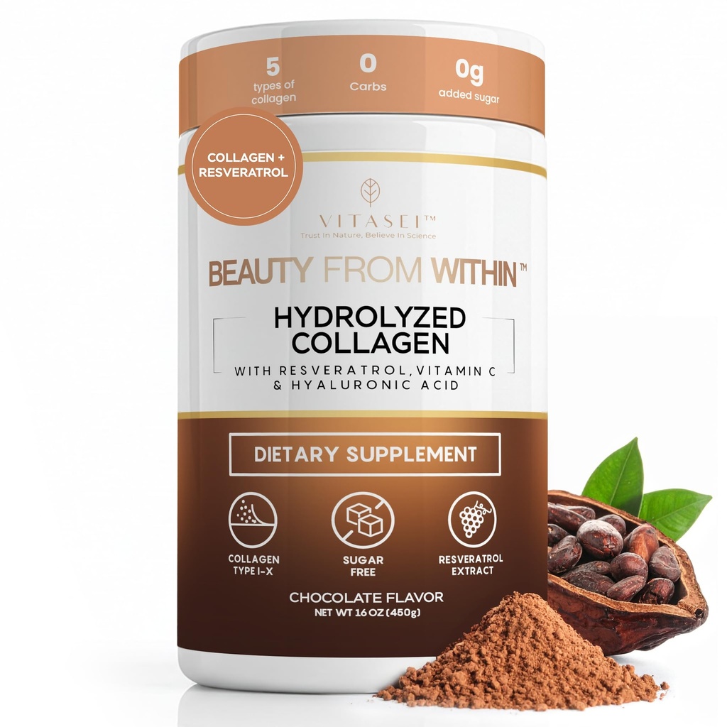 Peptides de collagène hydrolysés en poudre avec vitamine C et resvératrol - Vitamines pour les cheveux, la peau et les ongles pour les femmes et les hommes - Supplément os et articulations - Saveur de chocolat - 16 oz