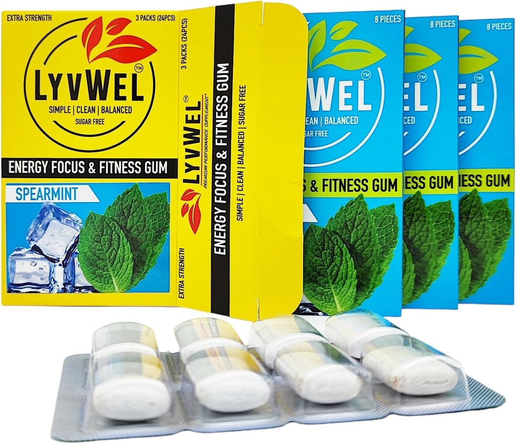 LyvWel Energy Gum (80 mg de caféine + 50 mg de taurine par gemme) Tous les bonus naturels de pré-entraînement sans sucre : votre supplément énergétique essentiel pour rester à l'éveil (spearmint, 3 pack)