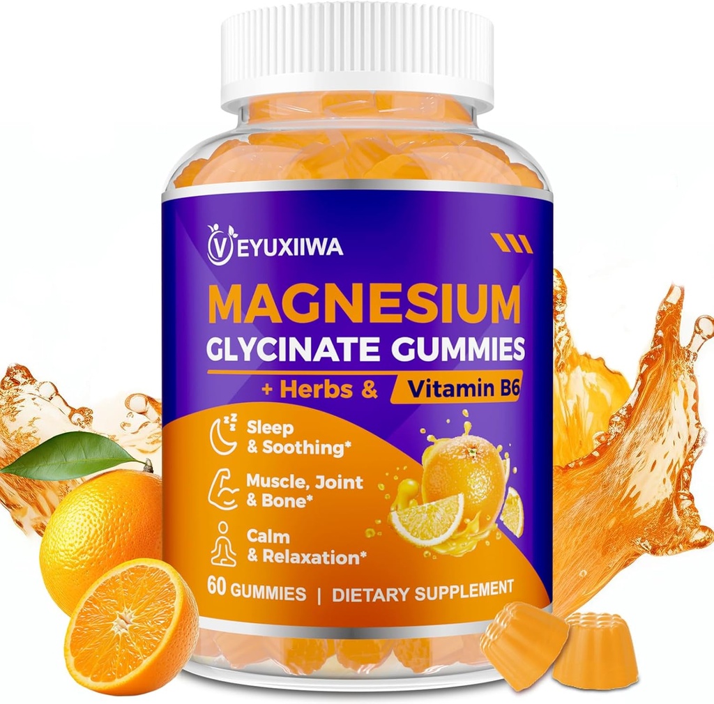 Glycinat de magnésium Gummies 2000mg, Gummies de magnésium pour adultes avec le magnésium L-Thréonate, Ashwagandha & B6 pour les muscles et les os, Gummies de magnésium L-Thréonate pour la relaxation et l'énergie, Vegan - 60 Comte