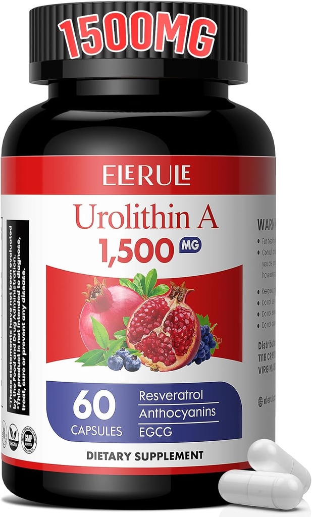 Urolithine Supplément 1000 mg Plus Trans-Résvératrol, Anthocyanes, Thé vert,Promouvoir un vieillissement en santé,Supporte Cellulaire et Énergie pour les hommes et les femmes, 60 Capsules-60