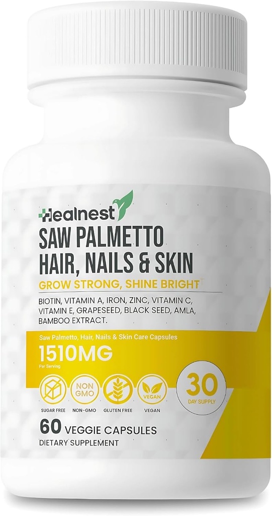 Cheveux, ongles et soins de la peau avec – Saw Palmetto, Biotin, Amla - 60 Capsules Véggie sans gluten pour hommes et femmes