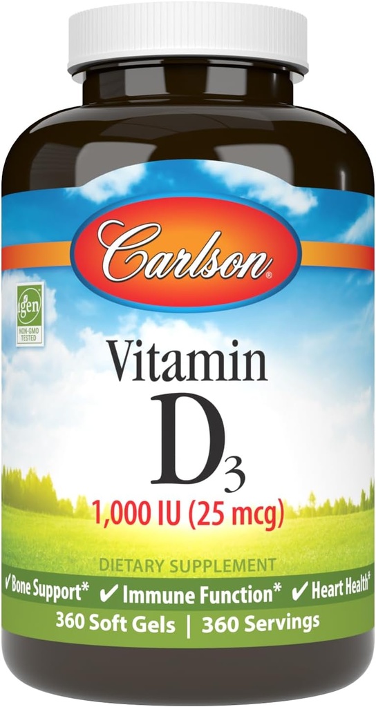 Carlson - Vitamine D3, 1000 UI (25 mcg), Santé des os, Santé des muscles, Cholecalciferol, Suppléments de vitamine D, Gels souples de vitamine D3, 360 Softgels