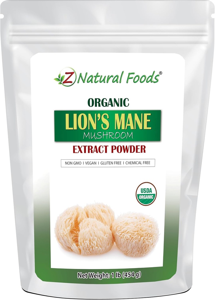 Z aliments naturels Lion biologique Lion de la Mane Poudre d'extrait de champignons, Vitamine-Rich Poudre superalimentaire, parfait pour le thé et les smoothies, non-OGM, végétalien, sans gluten, casher, 1 lb.
