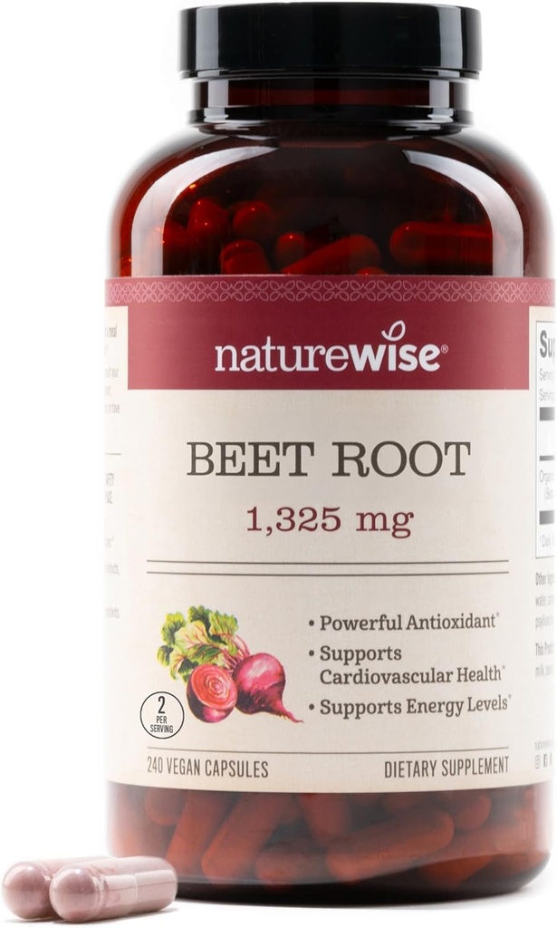 NatureWise Beet Root Capsules 1325mg with Organic Beetroot - Nitric Oxide Booster for Circulation and Heart Health Support - Vegan, Gluten-Free, Non-GMO - 240 Capsules[120 Day Supply]
