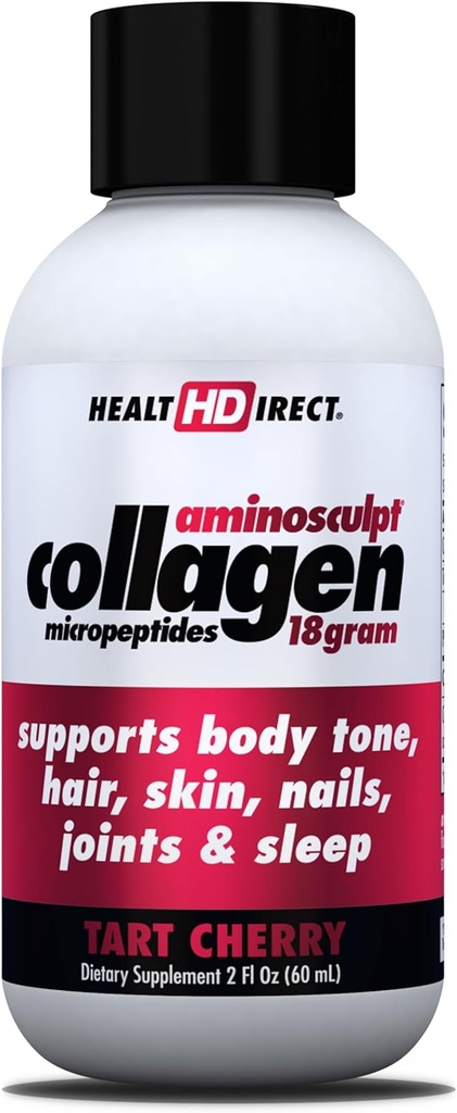 DIRECT DE SANTÉ – Collagène liquide de qualité médicale – AminoSculpt sans sucre – Tart Cherry – 12 portions, (12pk, 2oz) – Bon pour les articulations, les os et le sommeil – Meilleurs cheveux, peau et ongles
