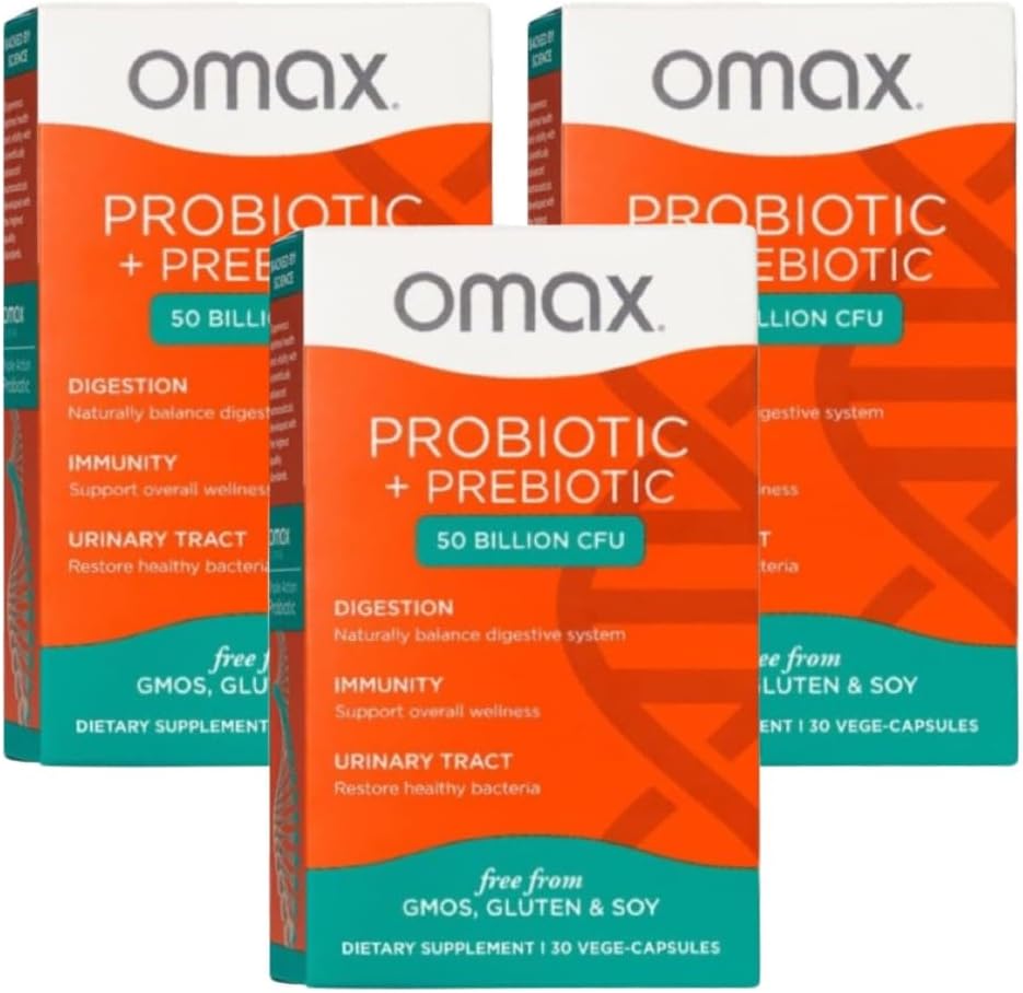 Omax3 Prébiotique et probiotique 50 milliards CFU + Inuline de chicorée, 10 souches, réduire le bloom, la digestion, SIBO, Gut de fuite, pH vaginal, Acidophilus, Végétalien, Sans produits laitiers, Sans gluten, Plaquette emballée (2 paquets)