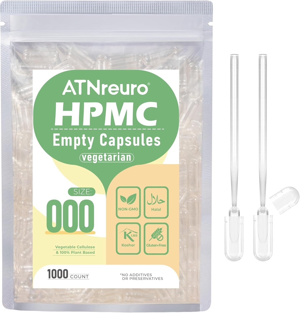 1000 Capsules Végétariennes vides avec 2 Micro Spoons - 1000 Capsules Végétariennes vides - Capsules de pilules vides pour suppléments de poudres