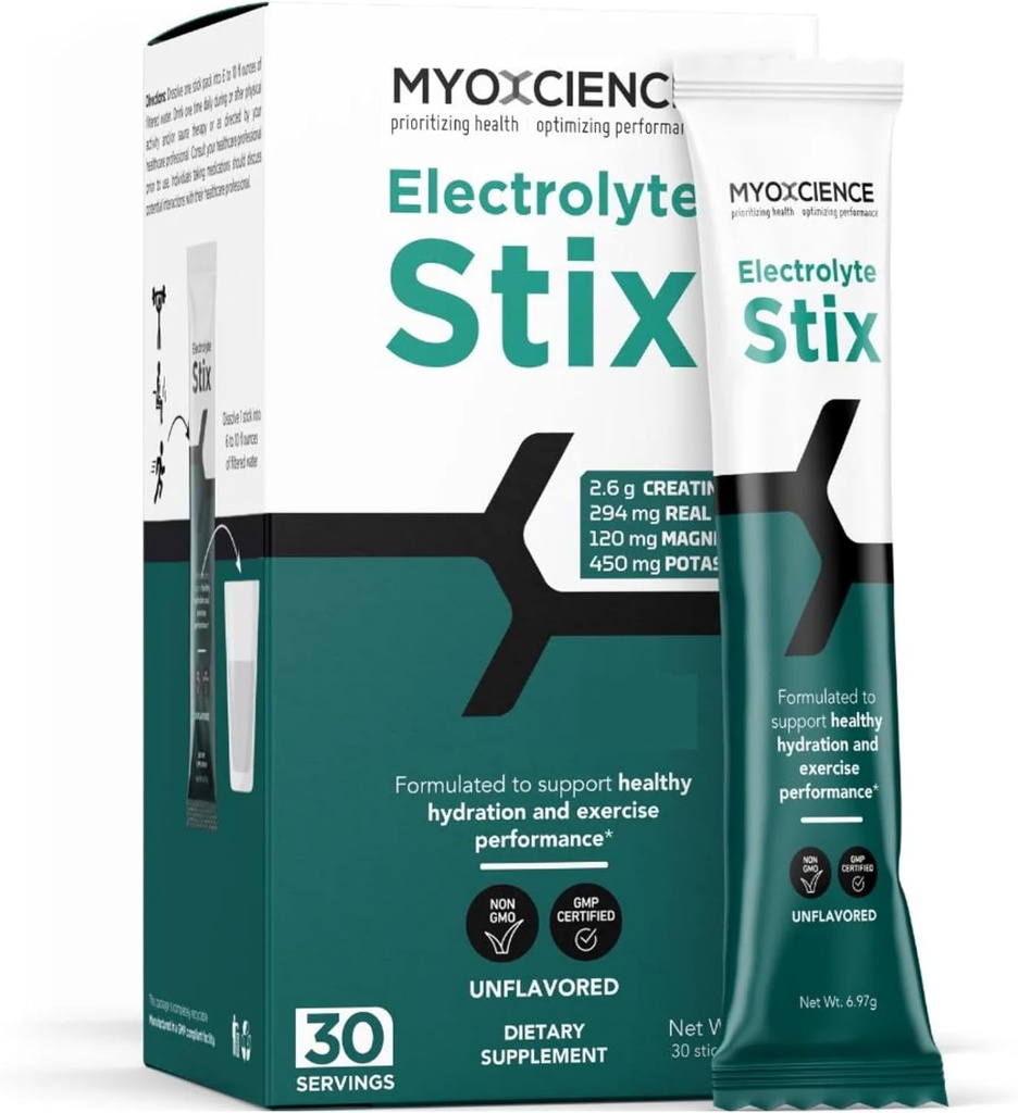 MYOXCIENCE Électrolyte STIX=Créatine Poudre d'électrolyte=Créatine Récupération de l'exercice et du développement musculaire avec/réel sel (non aromatisé) (Stix 30 ct)