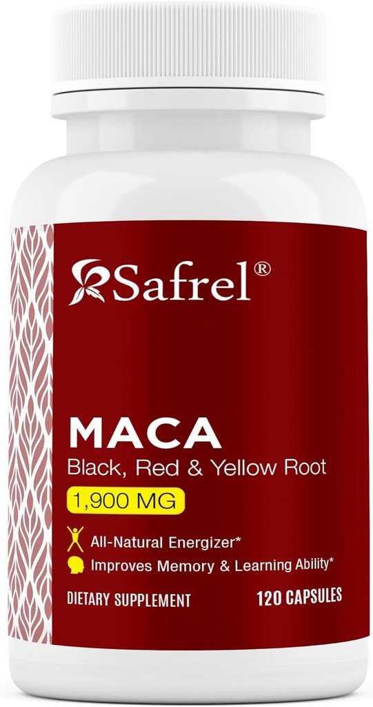 Safrel Organic Maca Root Black, Red, Yellow 1900 MG per Serving - 120 Capsules Vegan Peruvian Maca Root Gélatinized 100% Pure Non-OGM soutient la santé reproductive Energizer naturel