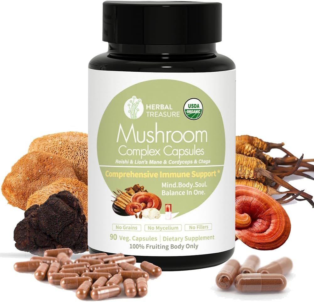 Herbal Treasure 4 en 1 Complément complexe de champignons, Adaptogènes avec la Mane du Lion, Reishi, Chaga et Cordyceps Mélange de champignons, Supplément de champignons organiques Extrait 90 Caps