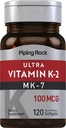 Piping Rock Vitamine K2 MK7-100 mcg-120 Softgels, supplément sans gluten