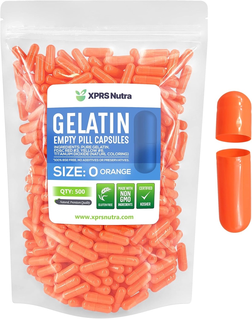 XPRS Nutra Taille 0 Capsules vides - 500 Compte Capsules de gélatine vides - Pills Bricolage Capsule Remplissage - Pure Pilule Gel Caps pour Do-It-Youlf Suppléments (Orange)