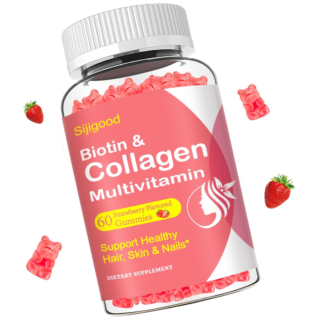 Gommies de collagène pour femmes hommes, femmes de plus de 50 ans, peptides de collagène Protéines de type I,II,III,V,X avec vitamine C de kératine de biotine A D E B12 K2 pour ongles de peau Immunity Energy 60 Gommies aromatisées aux fraises
