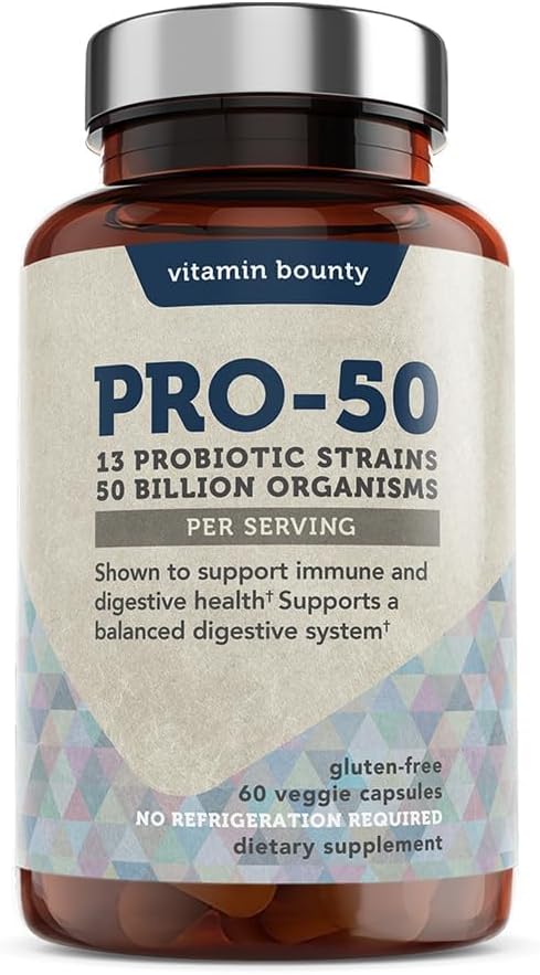 Vitamine Bounty Pro-50 Probiotiques 50 milliards UFC pour les femmes et les hommes - 13 Probiotiques multisouches + prébiotiques - Suppléments pour la santé digestive pour le soutien de la santé Gut - Capsules de libération différée pour les hommes et les femmes