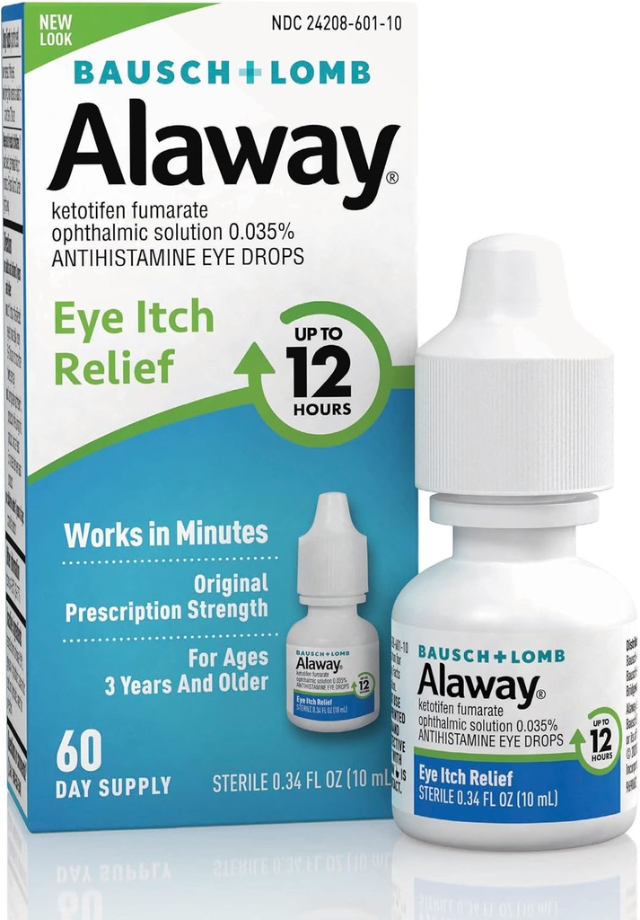 Away Antihistamine gouttes oculaires pour les yeux démangeaisons, à action rapide, jusqu'à 12 heures de soulagement des démangeaisons oculaires, cliniquement testée sur ordonnance-résistance formule, 0,34 Fl Oz