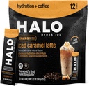 HALO Iced Caramel Latte - Poudre de boisson énergétique – Mélange de café sain pour l'hydratation avec électrolytes, caféine, vitamines et minéraux - 20 Calories - Keto et faible teneur en calories - 1 x 12 bâtons