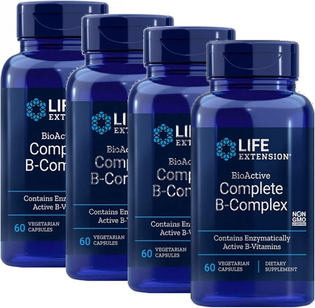 Prolongation de vie Complexe B complet BioActive Le complexe B le plus complet Formule 60 Capsules végétariennes 4-Pak