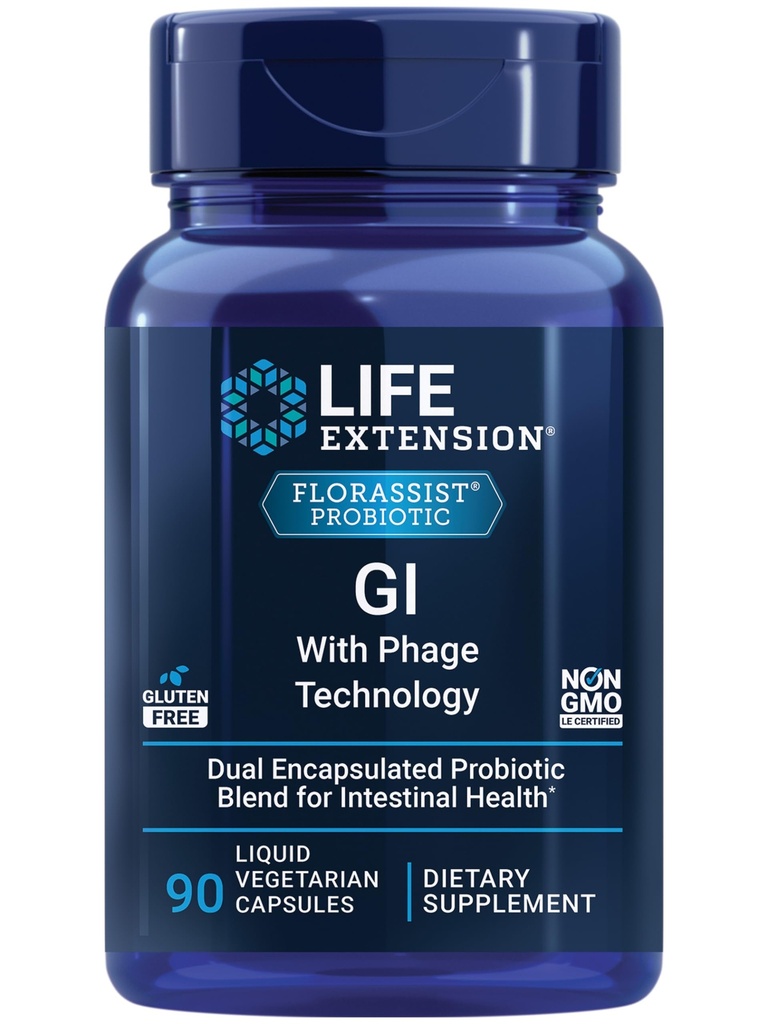 Prolongation de la vie FLORASSIST GI avec la technologie Phage, la santé digestive, le soutien probiotique, l'absorption des nutriments, 7 souches probiotiques, mélange de bactériophage, 90 capsules végétariennes liquides