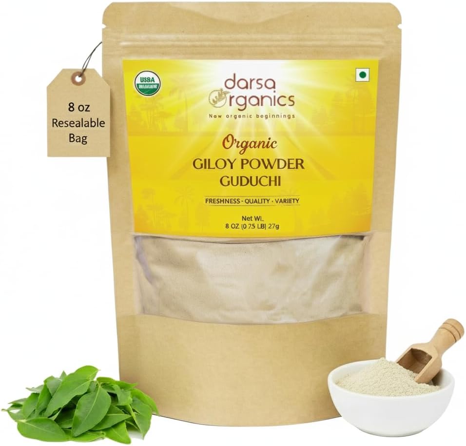 Geloy Powder 8 oz - Premium USDA Bio Guduchi Poudre (Tinospora Cordifolia), Herbe ayurvédique pour l'immunité et le bien-être, Thé et Recettes à base de plantes, Non-OGM, Kosher, Vegan, Pochette refermable