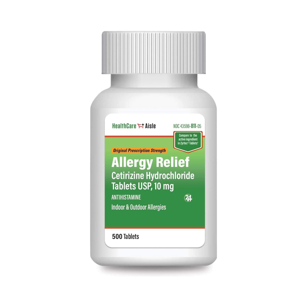 HealthCareAisle Allergy Relief - Comprimés de chlorhydrate de cétirizine USP, 10 mg - 500 Comprimés - Médicaments antiallergiques d'origine sur ordonnance, soulagement 24 heures sur 24