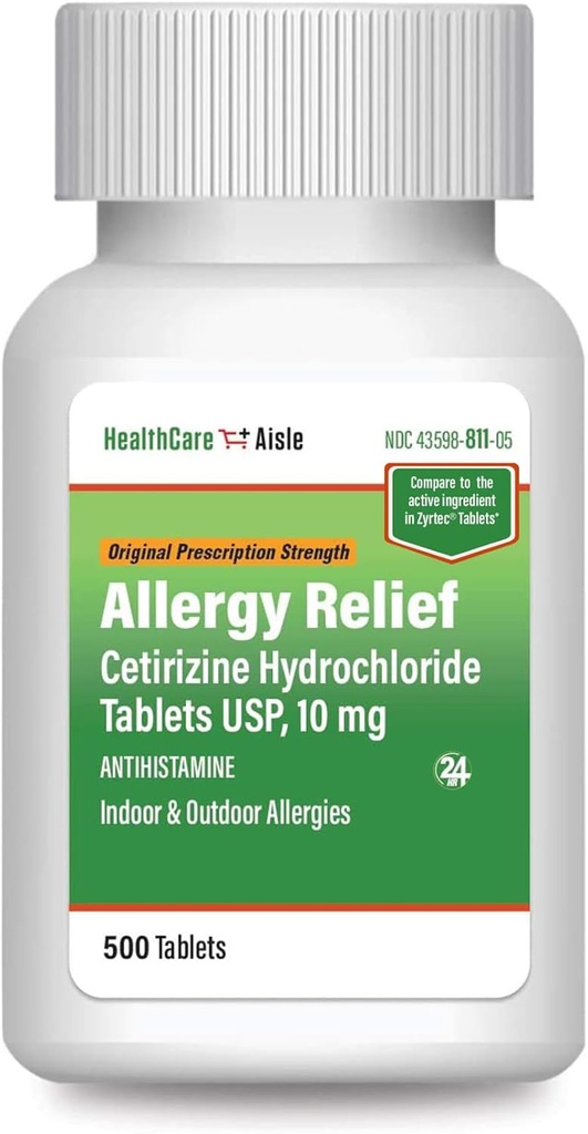 HealthCareAisle Allergy Relief - Comprimés de chlorhydrate de cétirizine USP, 10 mg - 500 Comprimés - Médicaments antiallergiques d'origine sur ordonnance, soulagement 24 heures sur 24
