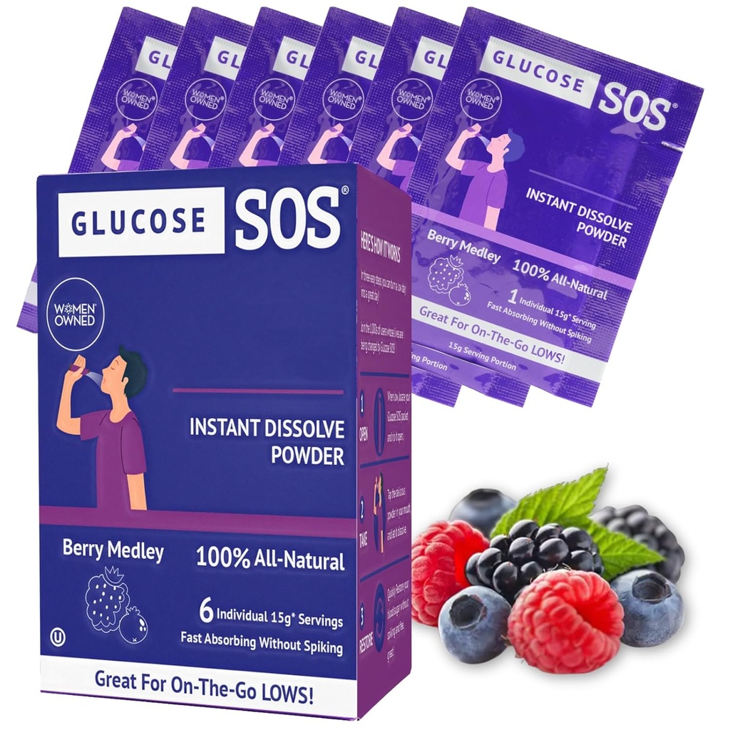 Glucose SOS Glucose Berry Medley Poudre de glucose, Packs de dextrose naturels, Absorption rapide, Dissolves instantanés, Pas d'eau nécessaire, 6 sachets par boîte