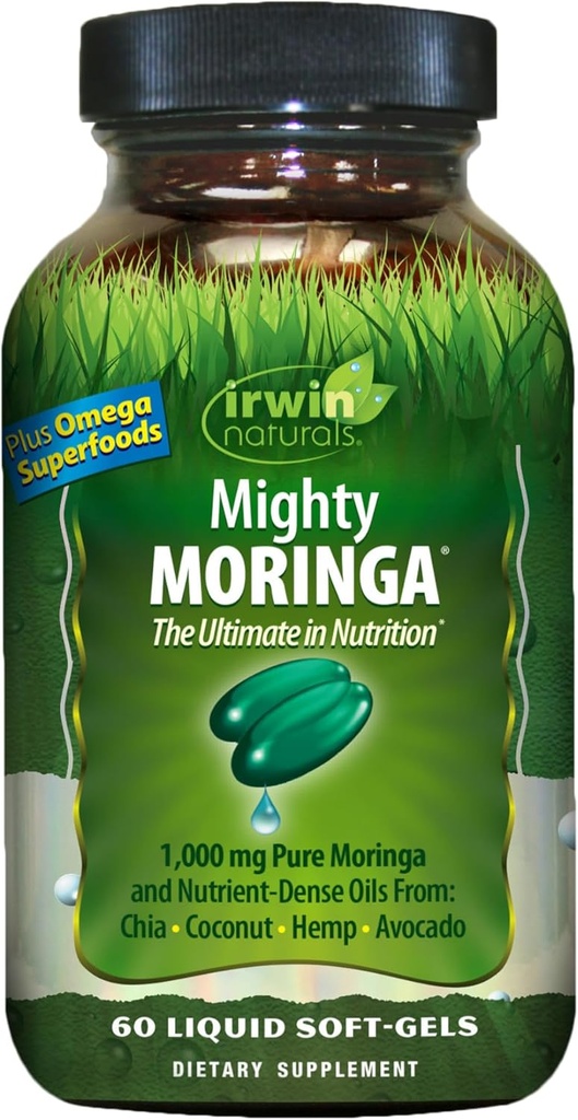 Irwin Naturals Mighty Moringa - 60 Softgels - 1000 mg d'huiles pures de moringa et de nutriments de Chia, de noix de coco, de chanvre, d'avocat