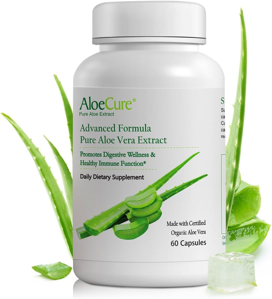 AloeCure Organic Aloe Vera Capsules, 130.000mg Intérieur Aloe Leaf Equivelant par portion, Soutien Gut Health & Digestive Comfort, Stomach Acid Buffer, Supplément Immune Naturel, Sans Aloïne, 60 Capsules