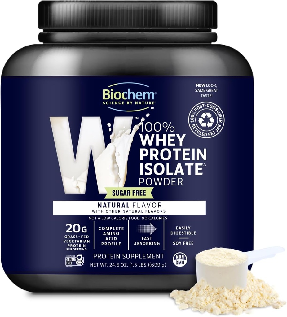 Biochem 100% Whey Isolate Protéine Poudre - Herbacé, Faible Carbure, Céto-Amis, Non-OGM, Sans gluten - Soutient la santé immunitaire et la récupération musculaire 20g Protéine végétarienne par portion - Saveur naturelle,1,5lb