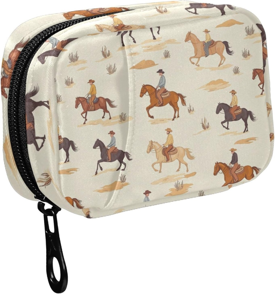 Fustylead Cartoon Cowboy Riding Horse and Cactus Pill Organizer for Purse, Weekly Portable Pill Box with Zipper to Storage Vitamines Huiles de poisson Médicaments Suppléments