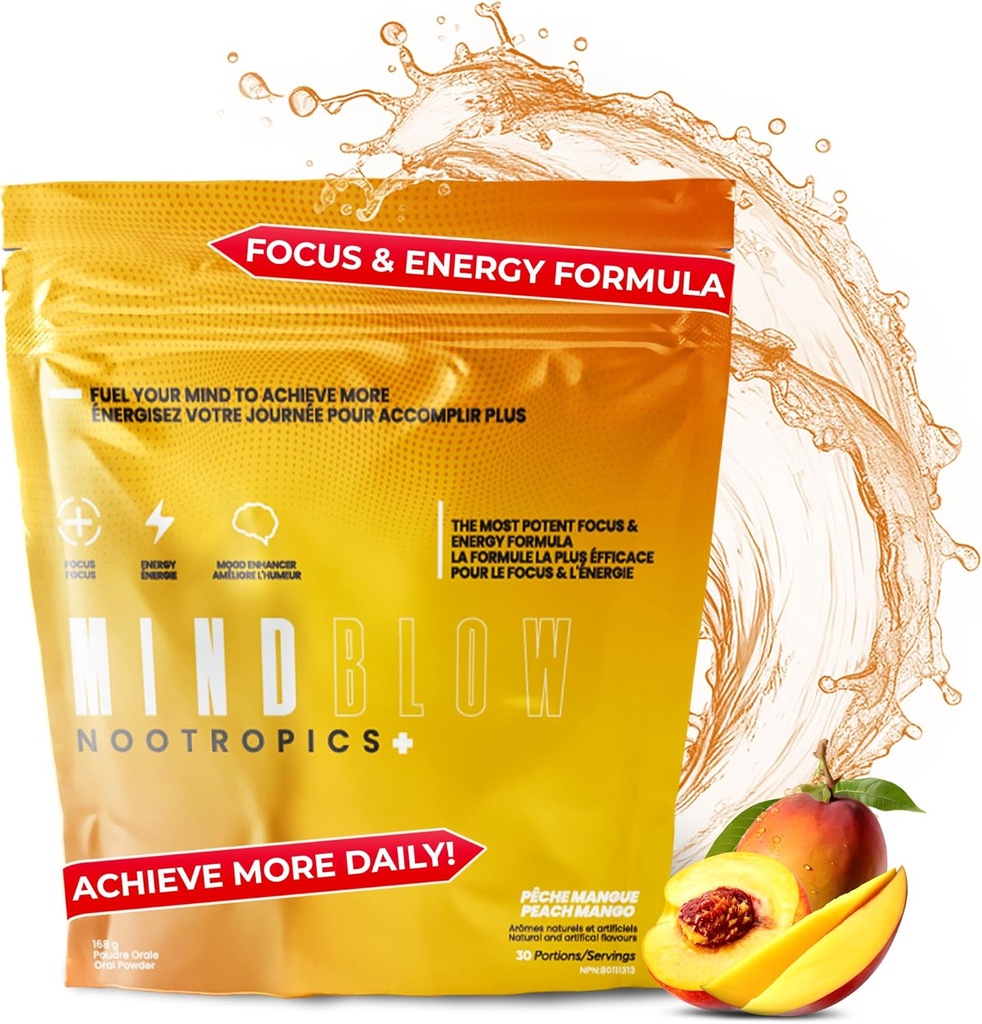 Supplément Cerveau Nootropique pour l'énergie, Focus & Mood avec caféine, L-Tyrosine, Teacrine & Alpha GPC – pour les joueurs, les passionnés de gym, les étudiants et les entrepreneurs- 30 services (Peach Mango)