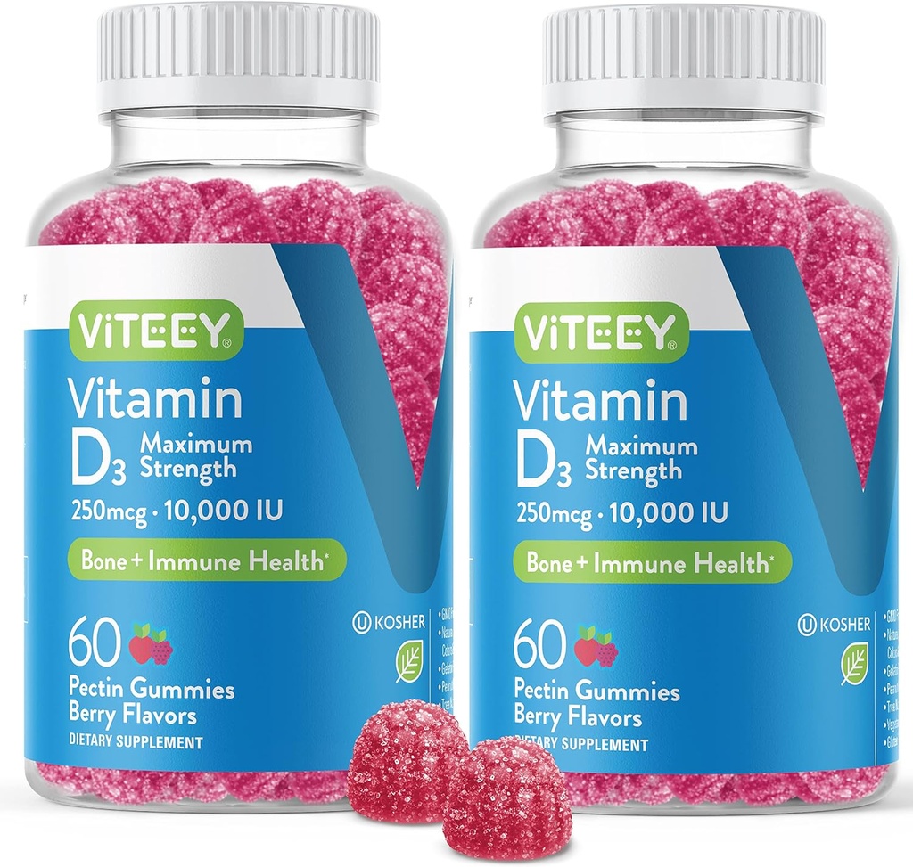 VITEEY Gommies Vitamine D3 pour adultes et adolescents - 10 000 UI, 250 mcg, résistance maximale - Santé des articulations et des muscles, amélioration immunitaire - Gommies Vitamine D à croquer - Végétarien, Sans gélatine - Aromatisé aux baies savoureux